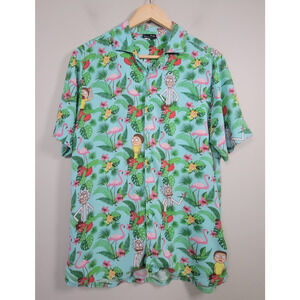 Rick and Morty Mens S Hawaiian Button Up Shirt Flamingo Tropical Rayon